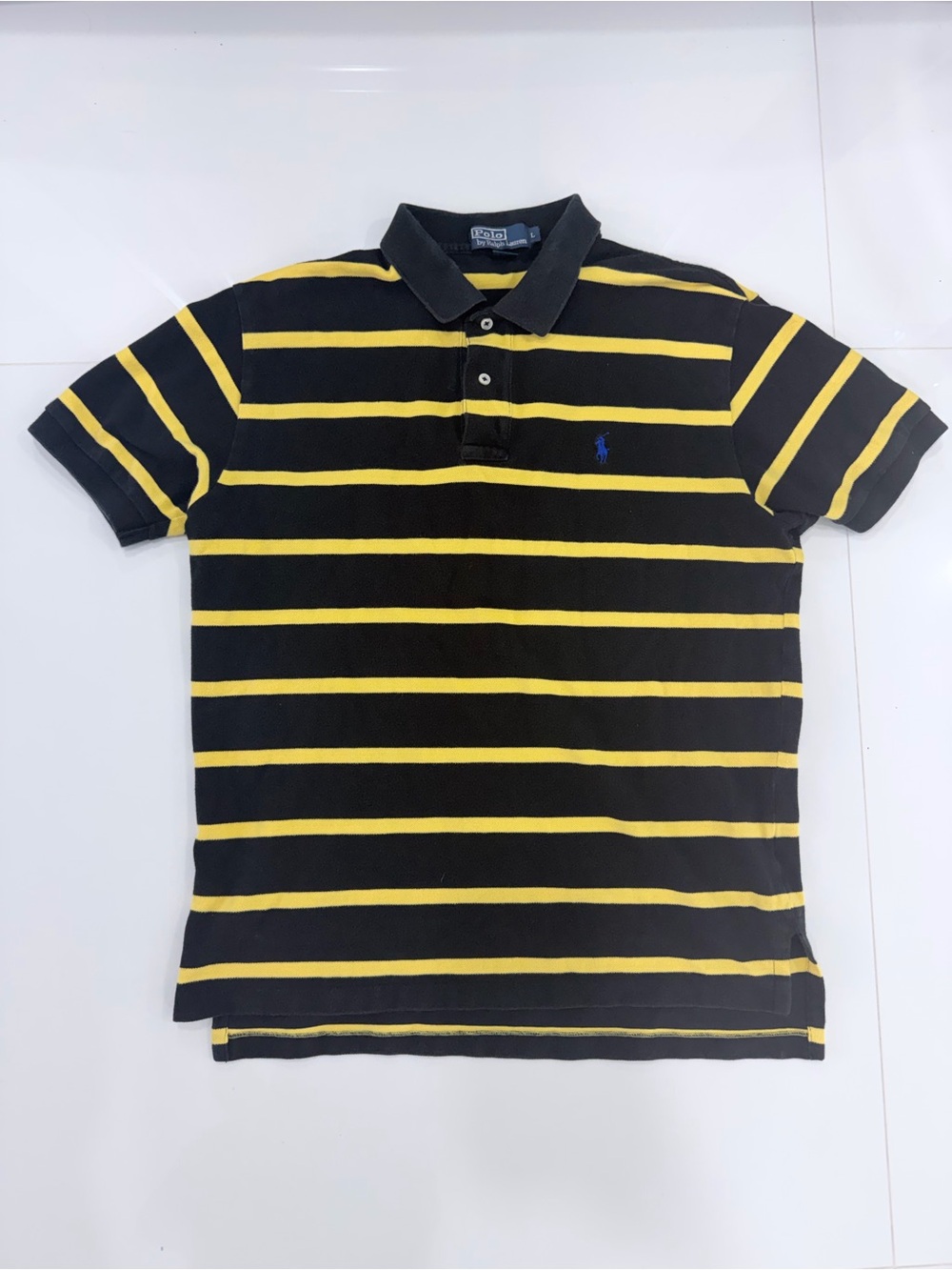 Vintage Y2K Polo Ralph Lauren Black Yellow Striped Polo Shirt Size L